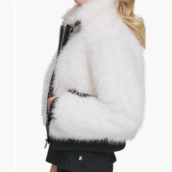 White Faux Fur Bomber Jacket with Studded Zip Front - Picture 3 of 10